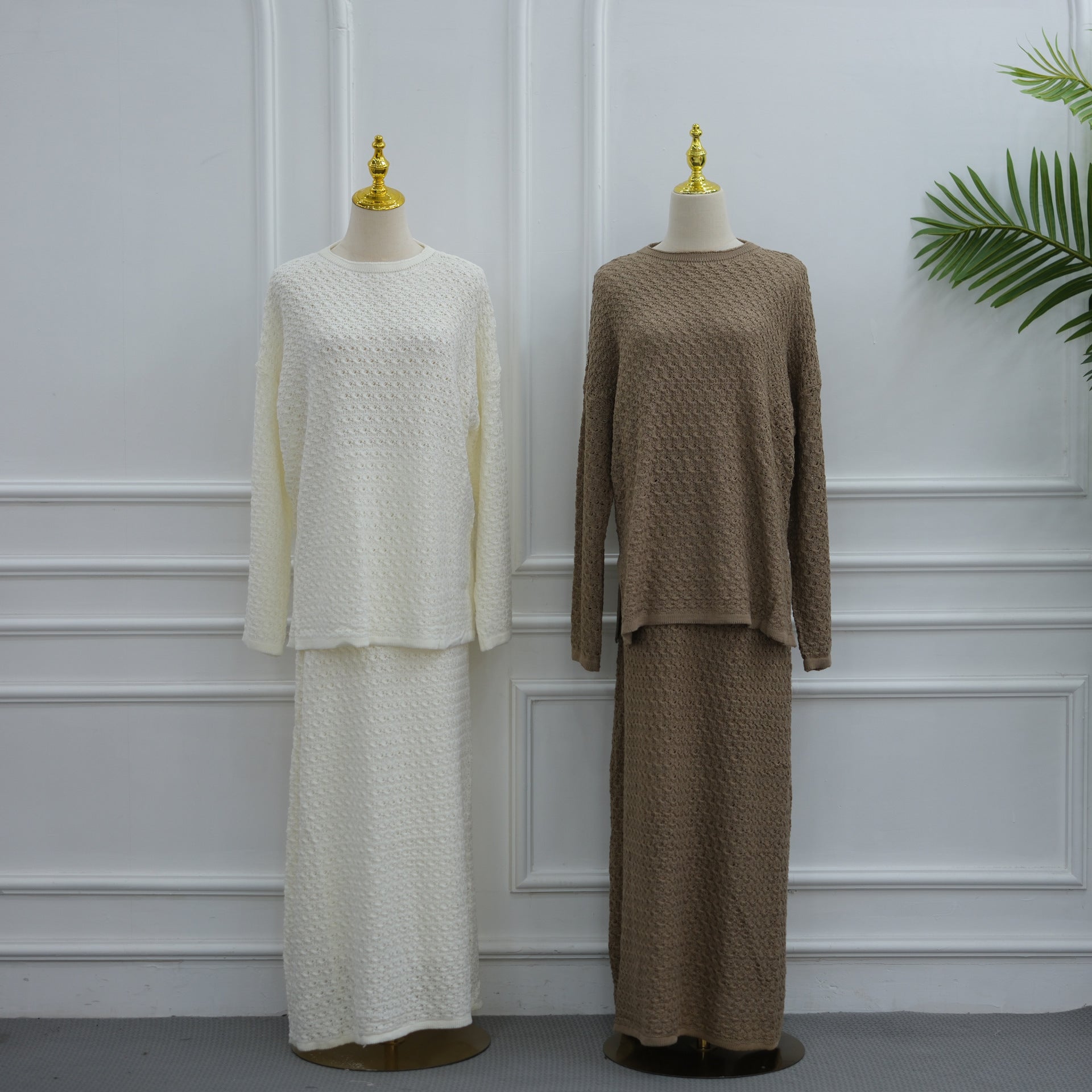 Ensemble coordonné Sweater Crochet ajouré & Jupe Maxi Doublée (MS523)