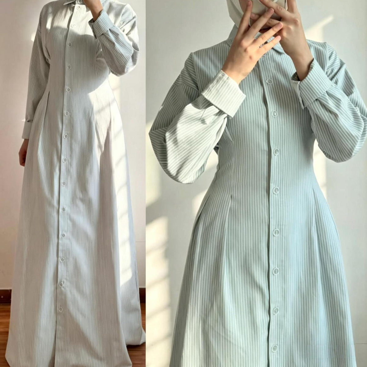 Striped Button-Front Modest Shirt Maxi Dress(MS539)