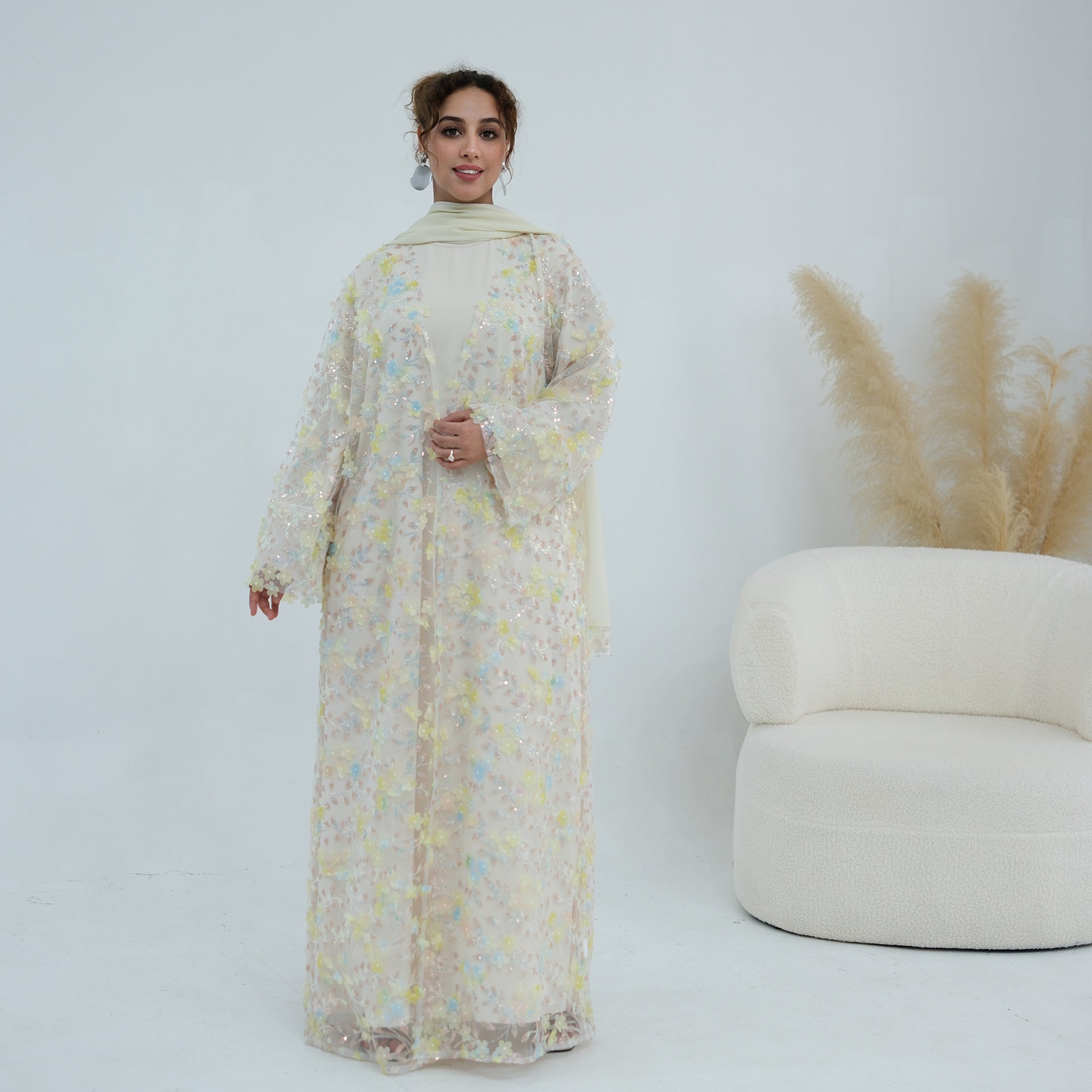 Dreamy 3D Flower Mesh Open Abaya Set(MOA313)