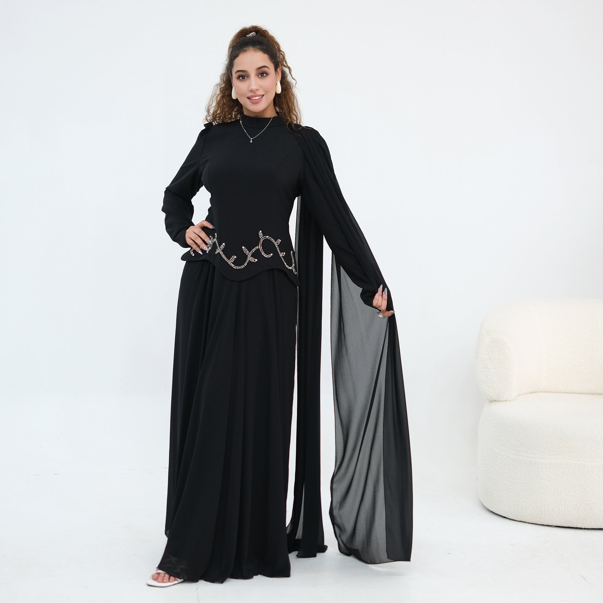 Crystal Beaded Waist Cape Sleeve Maxi Dress(MS499)