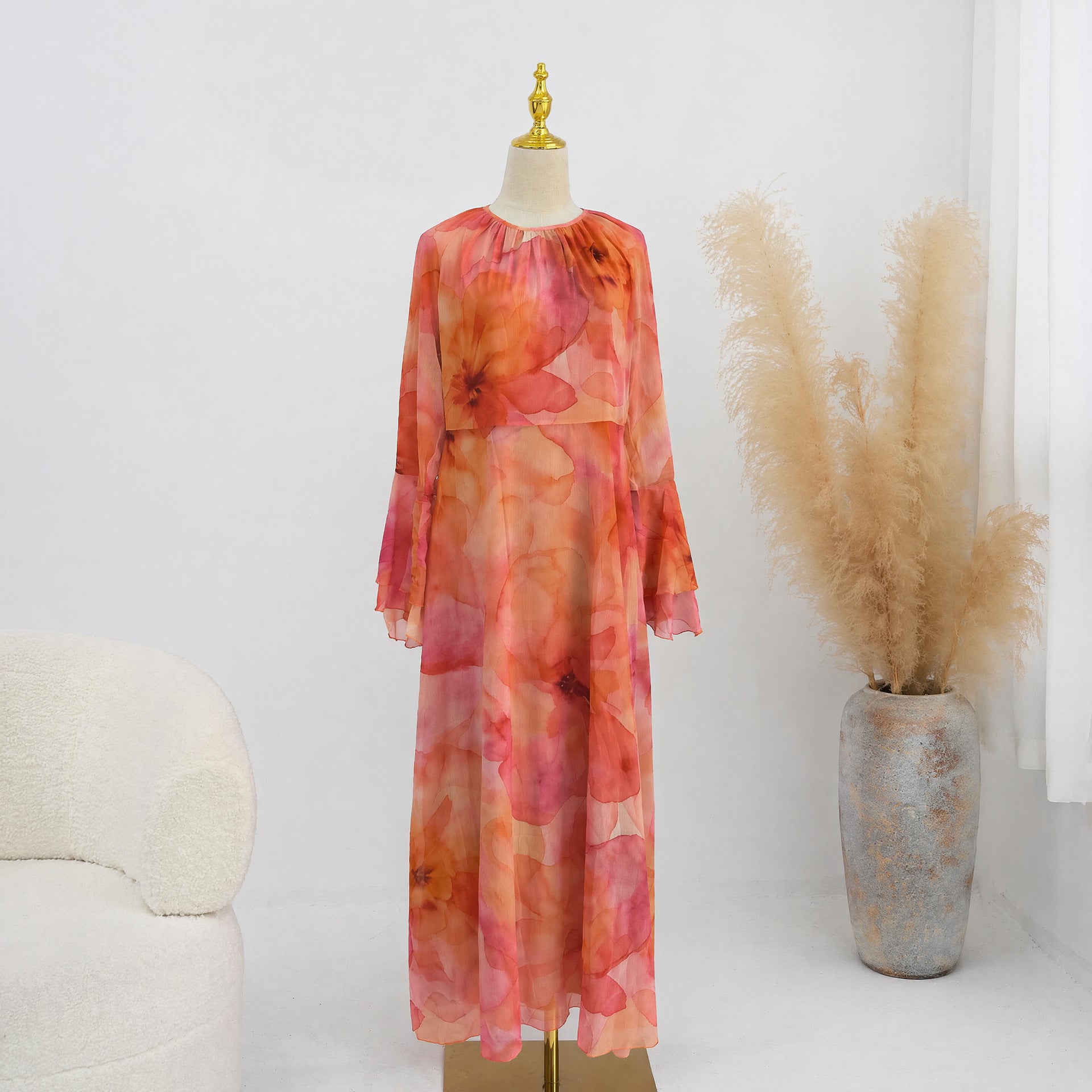 Watercolour Print Double-Layer Flared-Sleeve Maxi Dress(MA479)