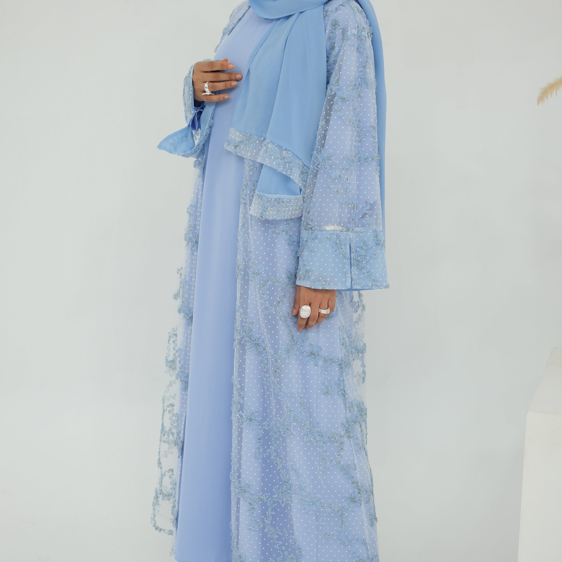 3D Floral Mesh Open Abaya(MOA288)