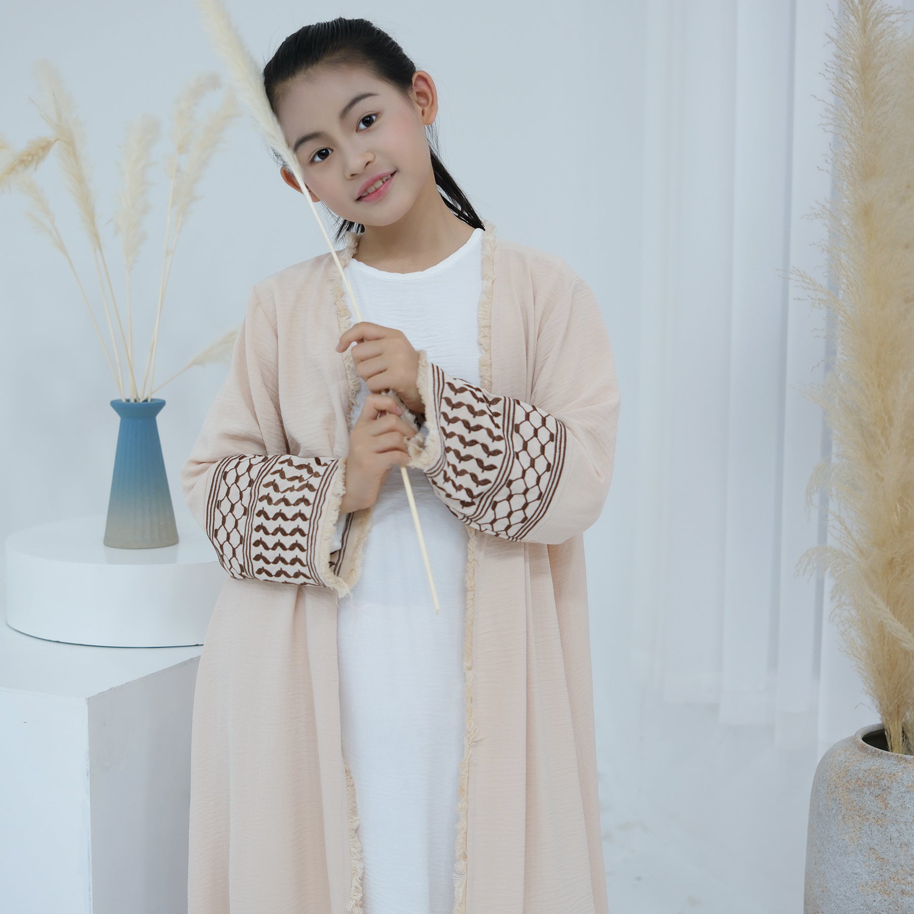 Embroidered Children's Abaya Set Pakistan Geometric Print Robe Abaya with Matching Belt. (MKG015)