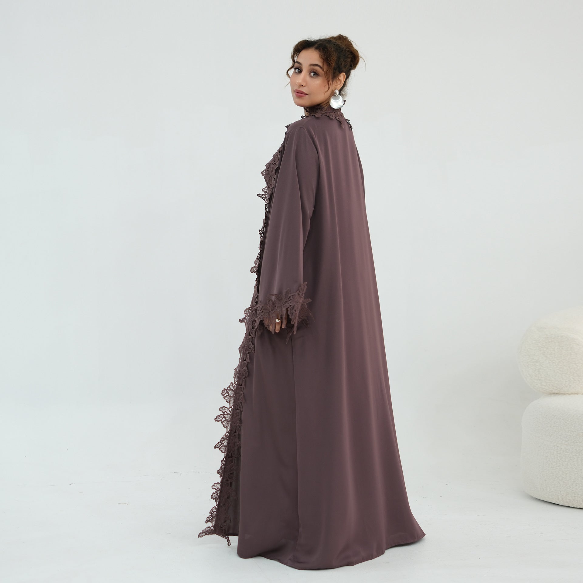 Floral Lace Trim Open Abaya & Sleeveless Inner Dress Set(MOA312)