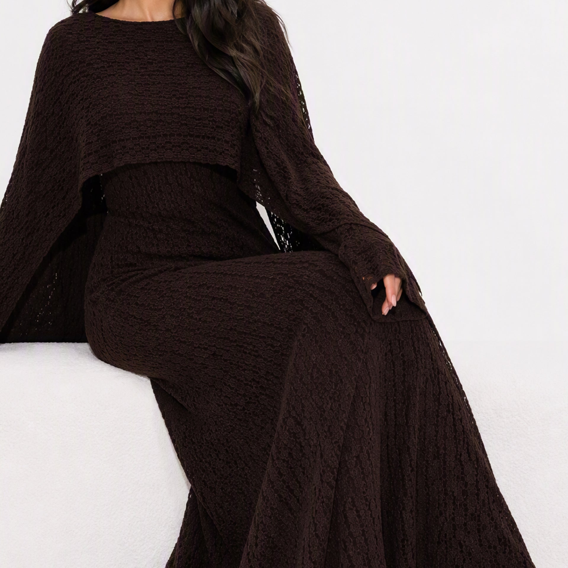 Textured Floral Lace Cape-Sleeve Lined Maxi Dress(MS519)