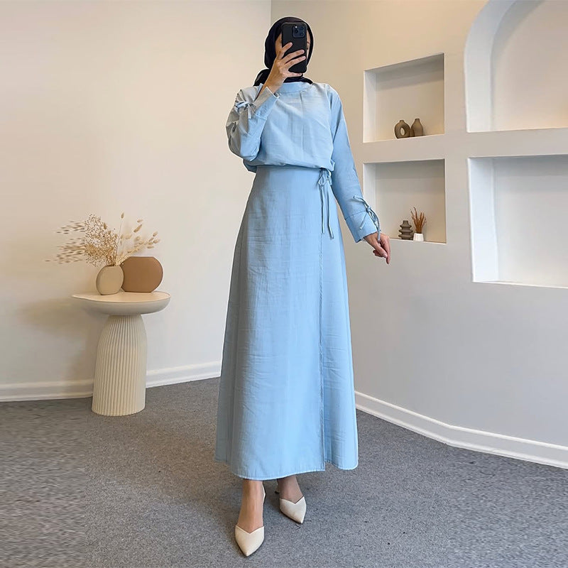 Tie-Cuff Blouse with High-Waist Skirt(MS293)