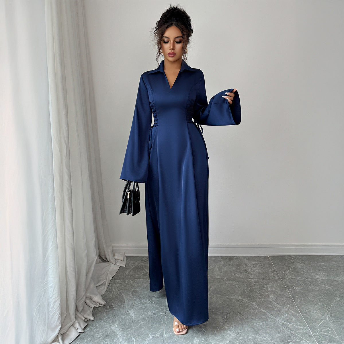 Satin Collar Maxi Dress | Long Bell Sleeve Formal Dress(MS277)