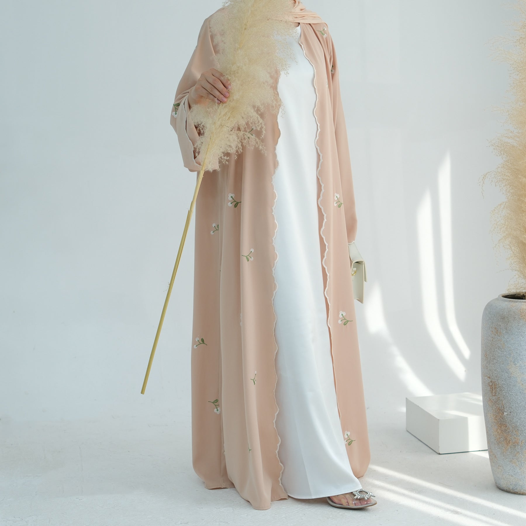 Open Abaya With Flower Embroidery | Floral Embroidered Elegant Open Abaya  (MOA101)