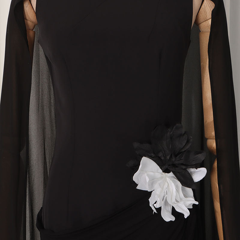 3D Bloemen Taille Avondfeest Maxi Jurk | Doorschijnend Mesh Raglan-Mouw Gown (MS566)