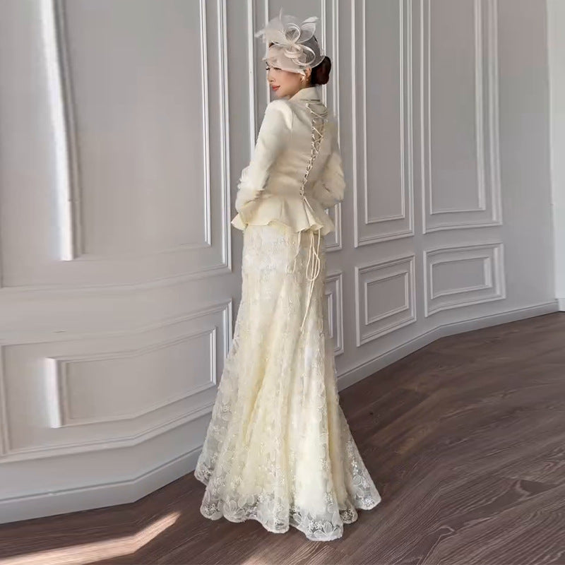 Cream Peplum Jacket & Lace Skirt Set(MS284)