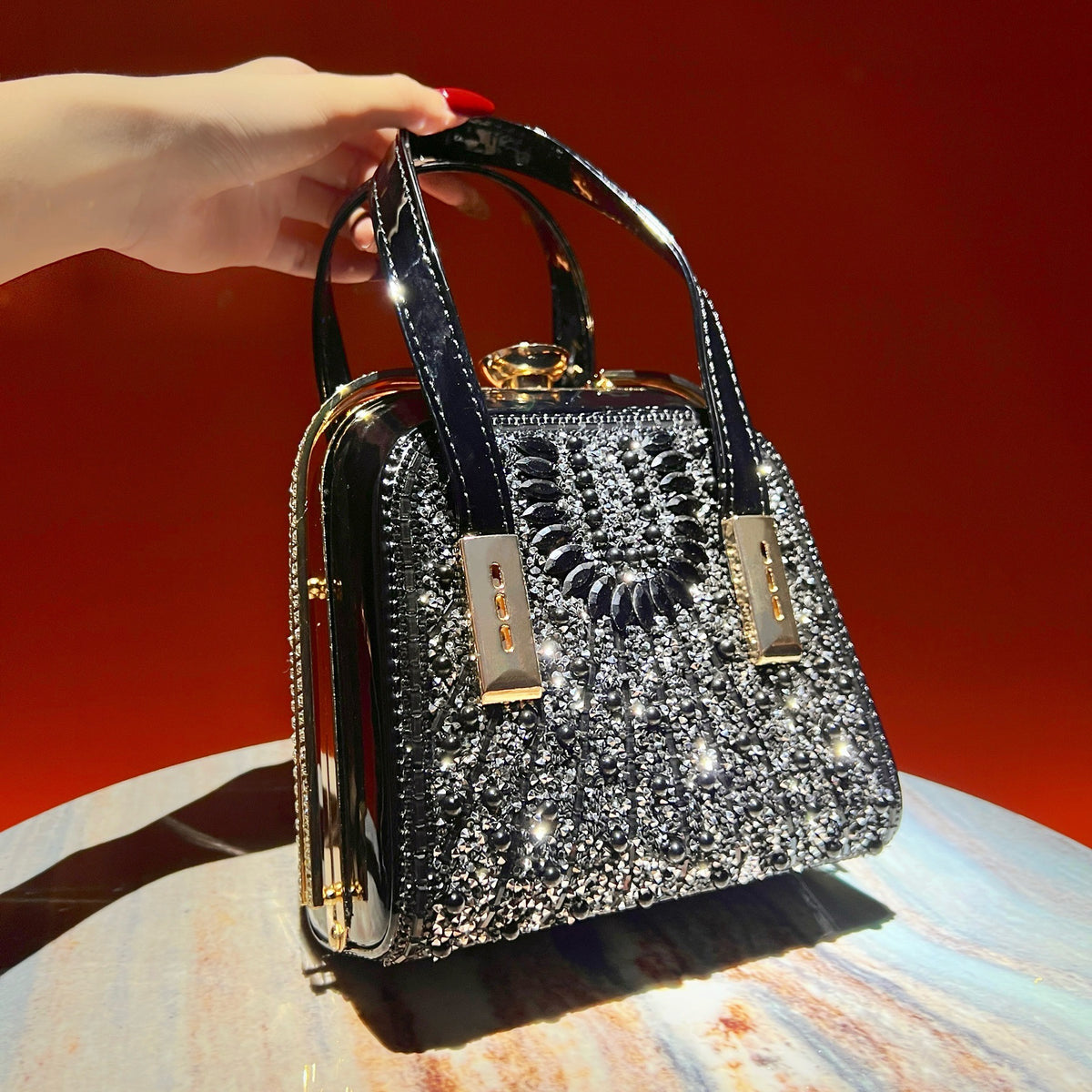 Luxe Pearl & Rhinestone Evening Clutch Bag – Crossbody Handbag with Chain Strap (MAC488)