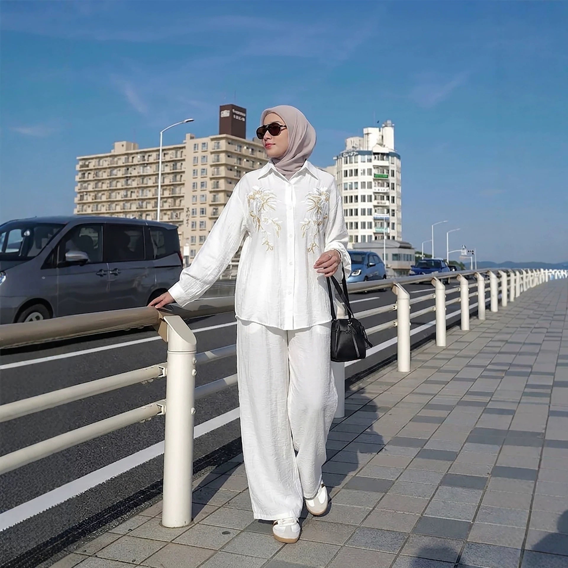 Floral Embroidered Shirt & Wide-Leg Trousers Two-Piece Co-ord Set(MS511)