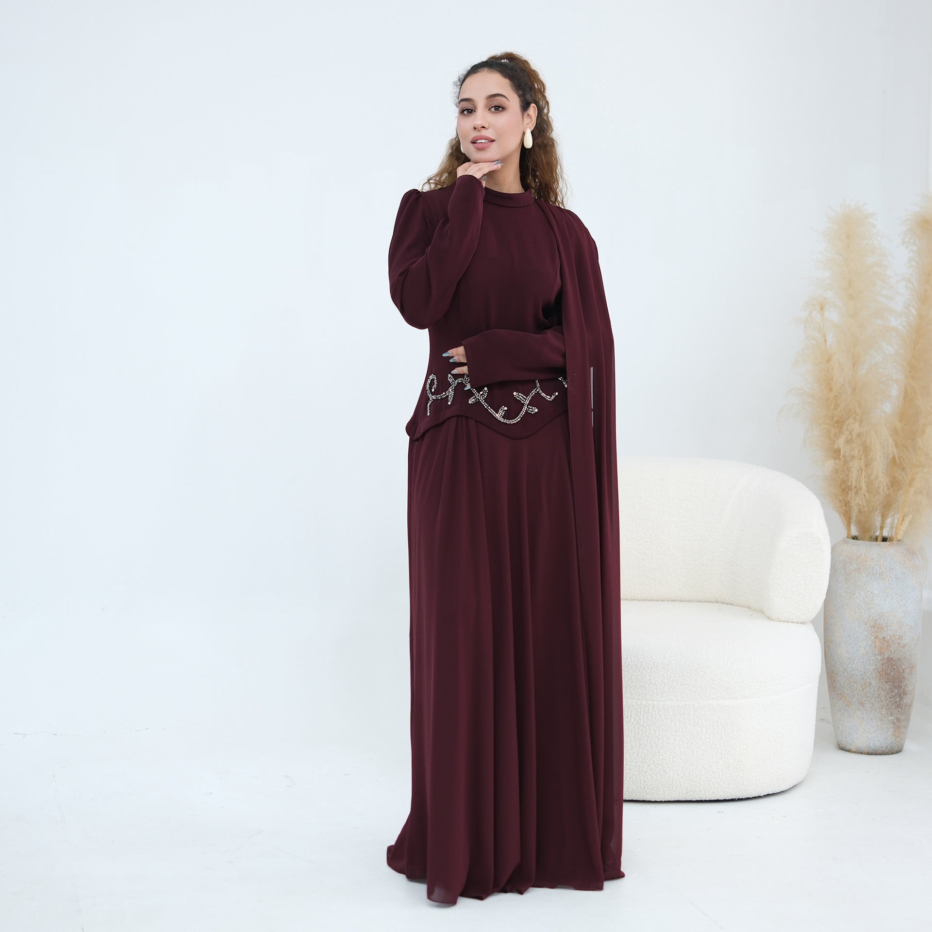 Crystal Beaded Waist Cape Sleeve Maxi Dress(MS499)
