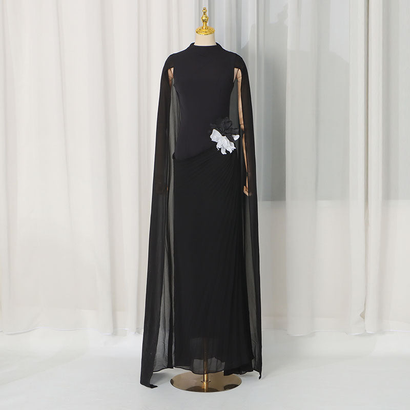 3D Bloemen Taille Avondfeest Maxi Jurk | Doorschijnend Mesh Raglan-Mouw Gown (MS566)