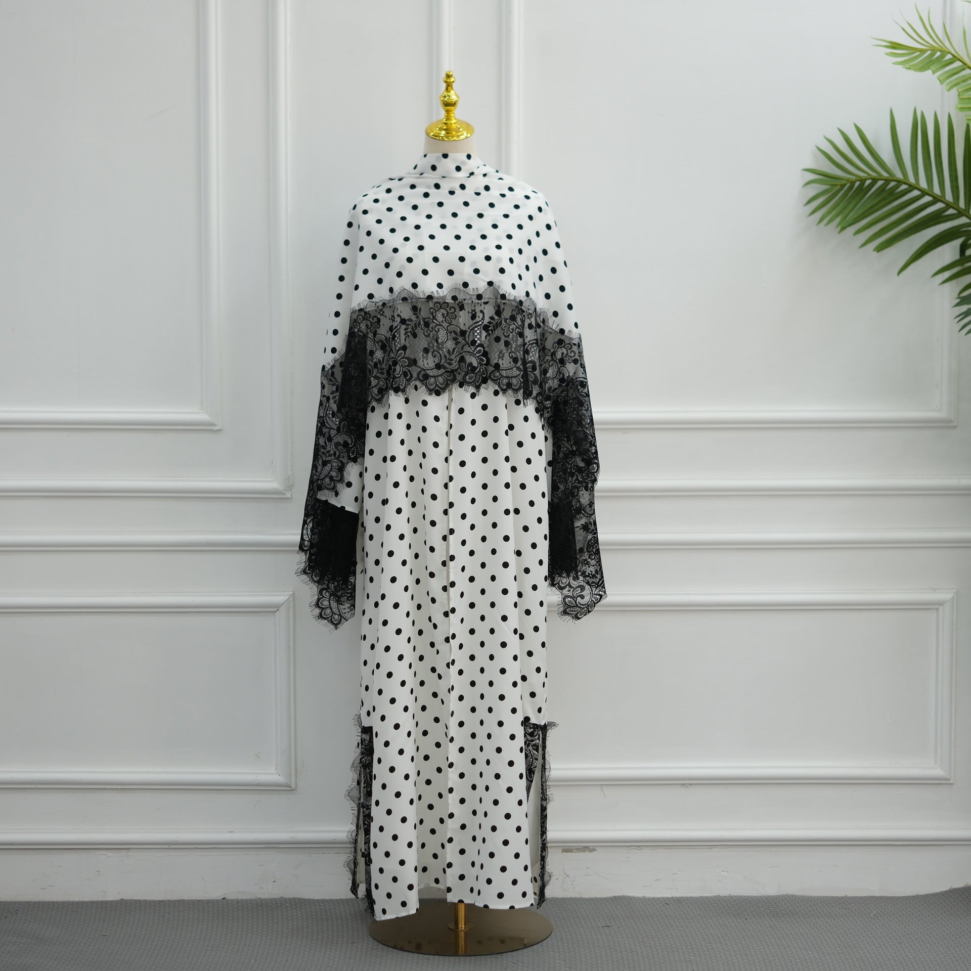 Polka Dot Lace-Trim Open Abaya & Matching Hijab Set(MOA343)