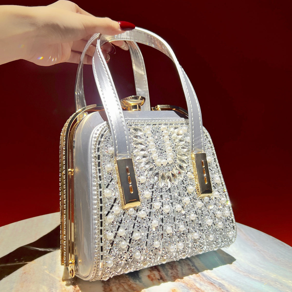 Luxe Pearl & Rhinestone Evening Clutch Bag – Crossbody Handbag with Chain Strap (MAC488)