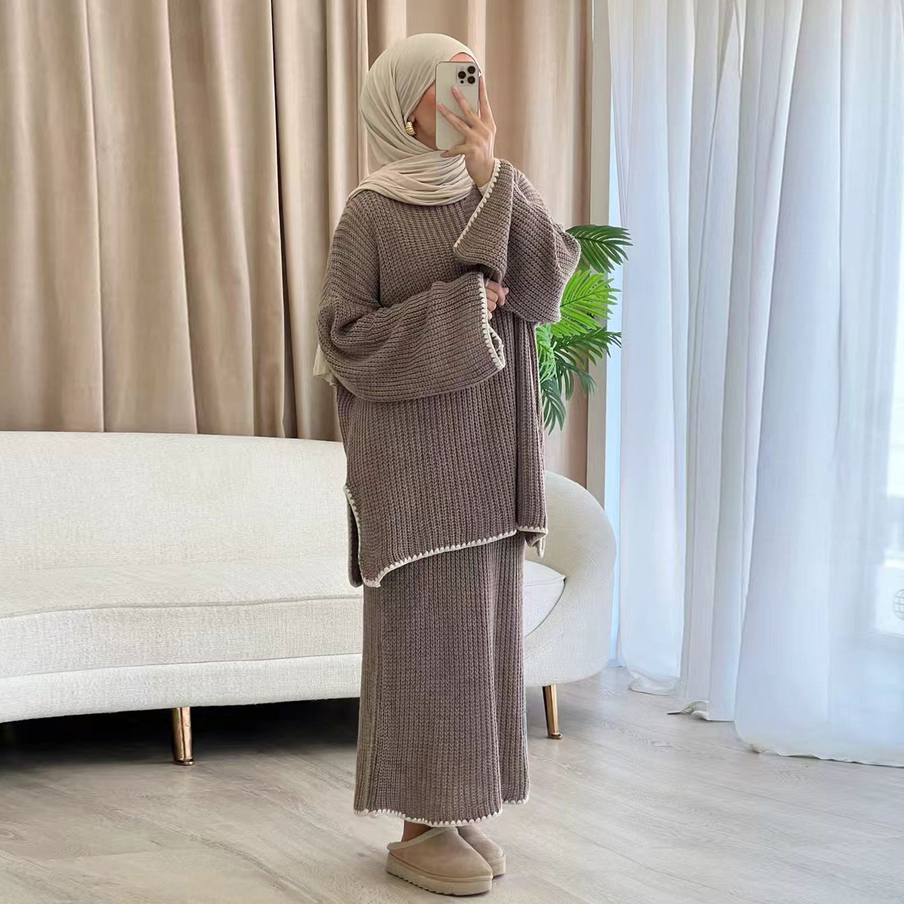 Ribbed Knit Sweater & Skirt Set with Contrast Trim(MS301)