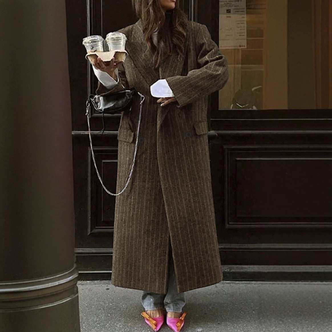 Oversized Pinstripe Maxi Coat(MS550)