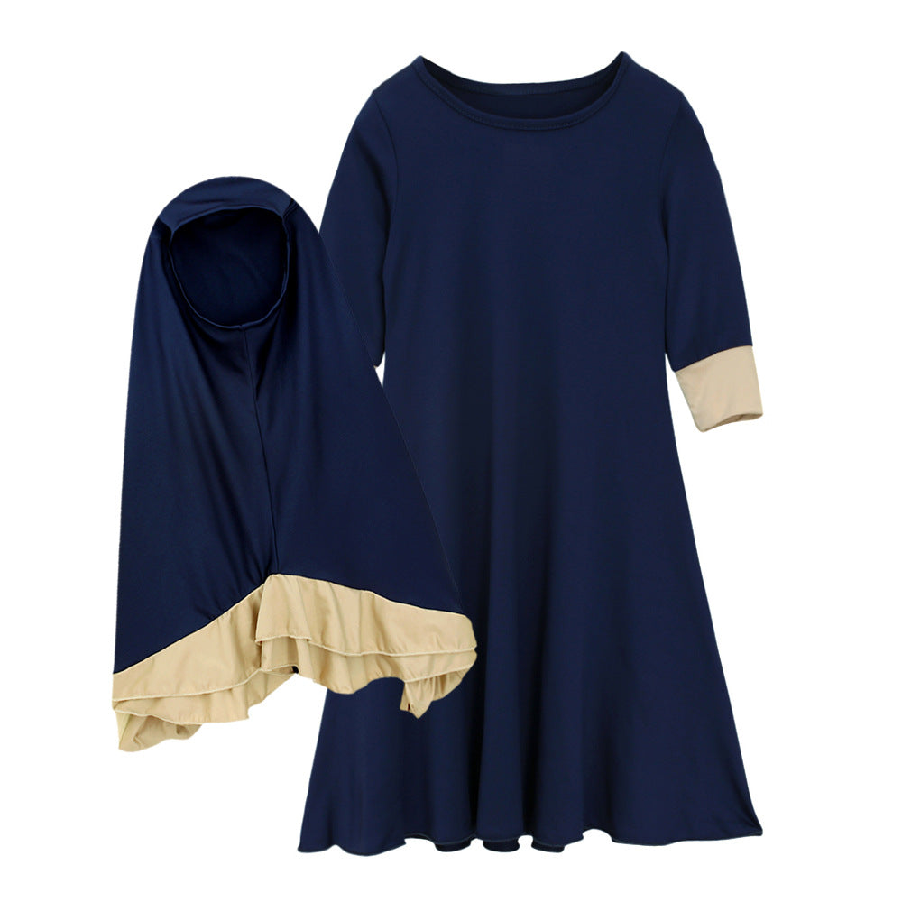 Girls Dress & Bow Hijab Set with Ruffle Trim(MKG026)