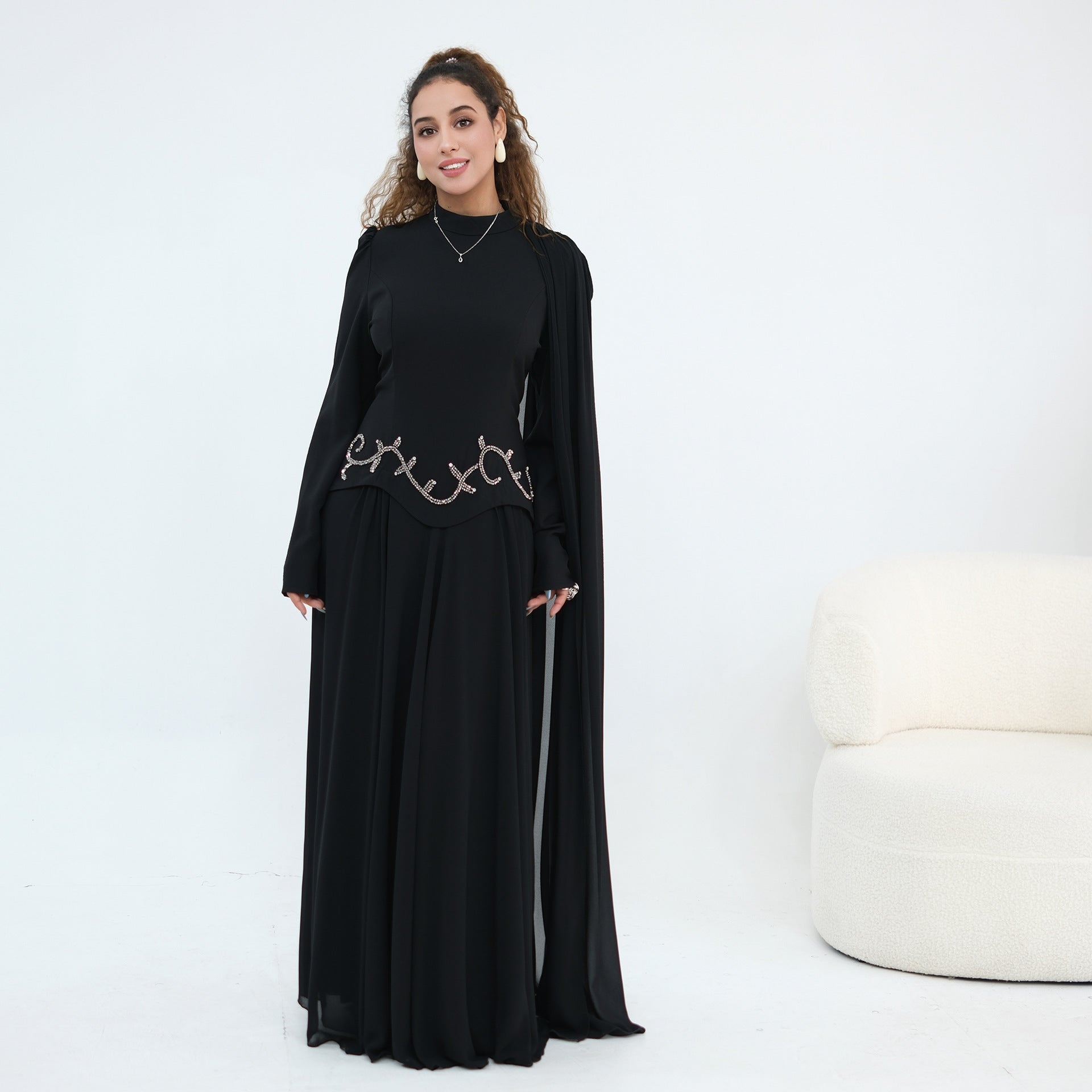 Crystal Beaded Waist Cape Sleeve Maxi Dress(MS499)