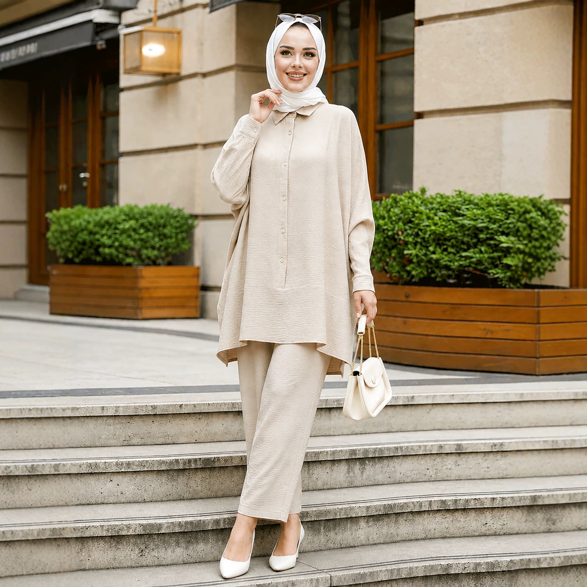 Textured Crinkle Batwing Shirt & Straight-Leg Trousers Two-Piece Co-ord Set(MS520)