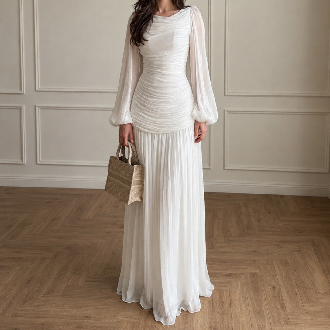 Cowl Neck Ruched Bodice Lantern Sleeve Pleated Maxi Dress(MS534)