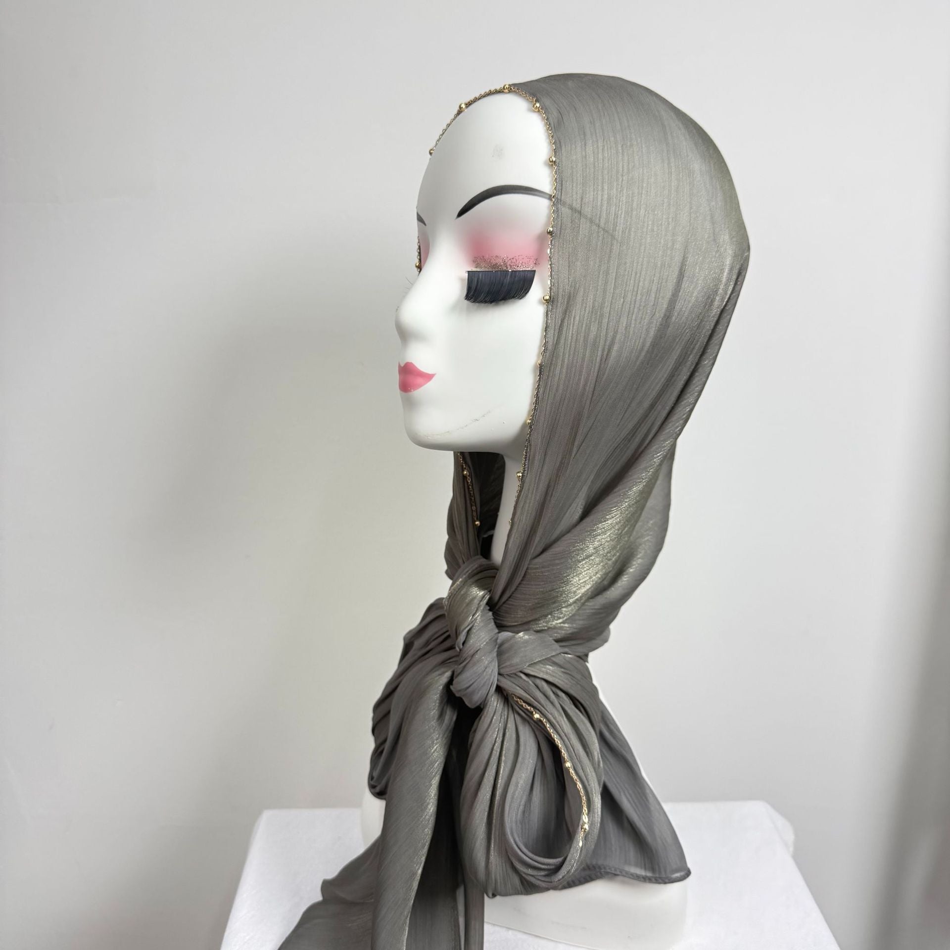 Gold Chain Beaded Edge Crinkle Satin Hijab(MH238)