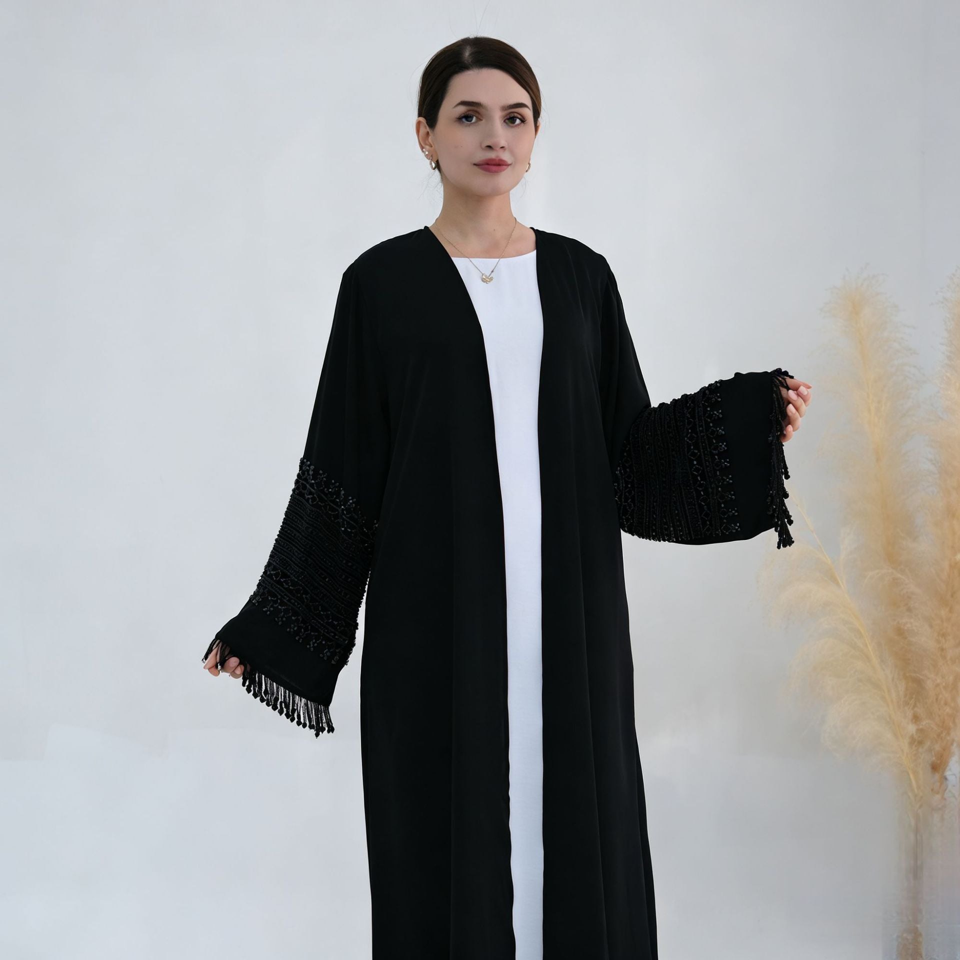 Beaded Embroidery Flared-Sleeve Open Abaya(MOA334)