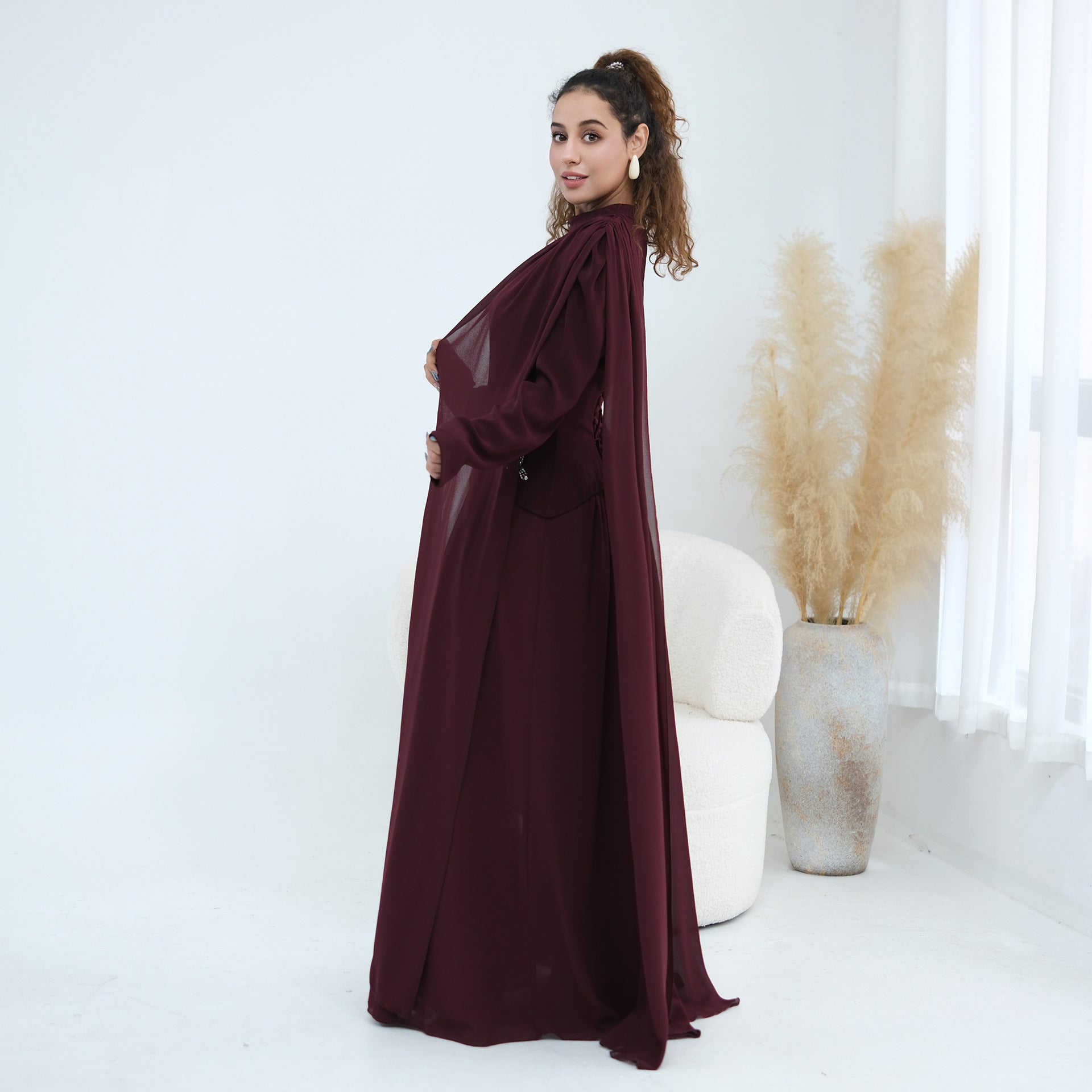 Crystal Beaded Waist Cape Sleeve Maxi Dress(MS499)