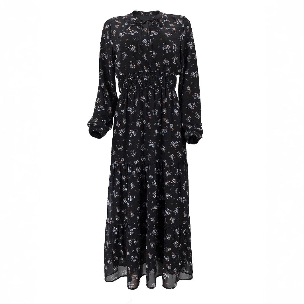 Floral Chiffon Maxi Dress | Long Sleeve Smocked Waist Dress(MS269)