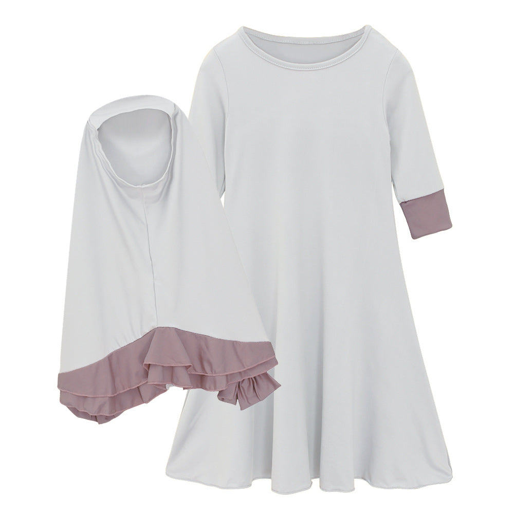 Girls Dress & Bow Hijab Set with Ruffle Trim(MKG026)