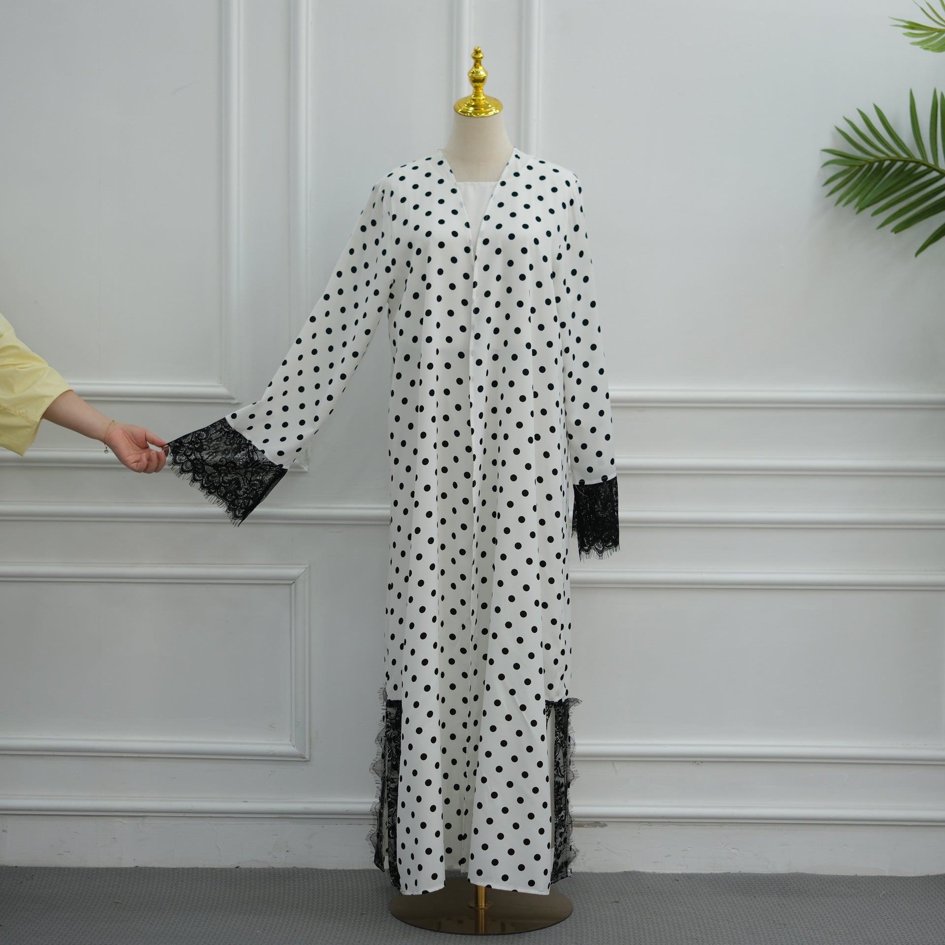 Polka Dot Lace-Trim Open Abaya & Matching Hijab Set(MOA343)