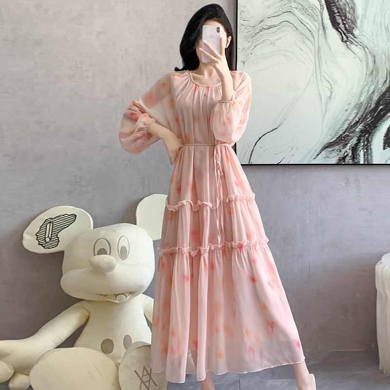 Watercolor Print Chiffon Maxi Dress | Long Sleeve Tiered Dress(MS270)