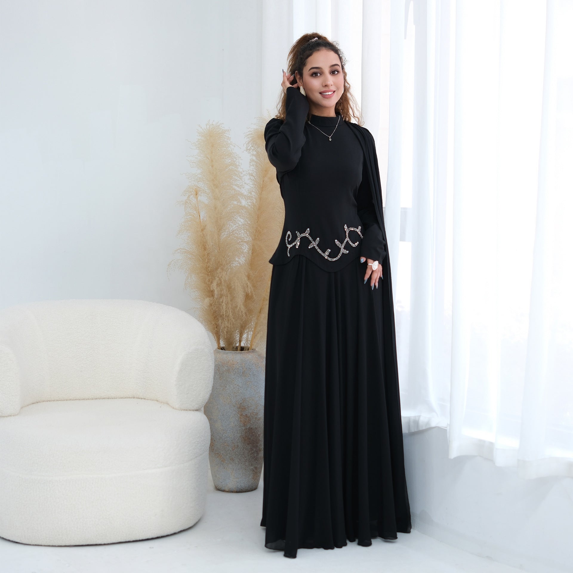 Crystal Beaded Waist Cape Sleeve Maxi Dress(MS499)