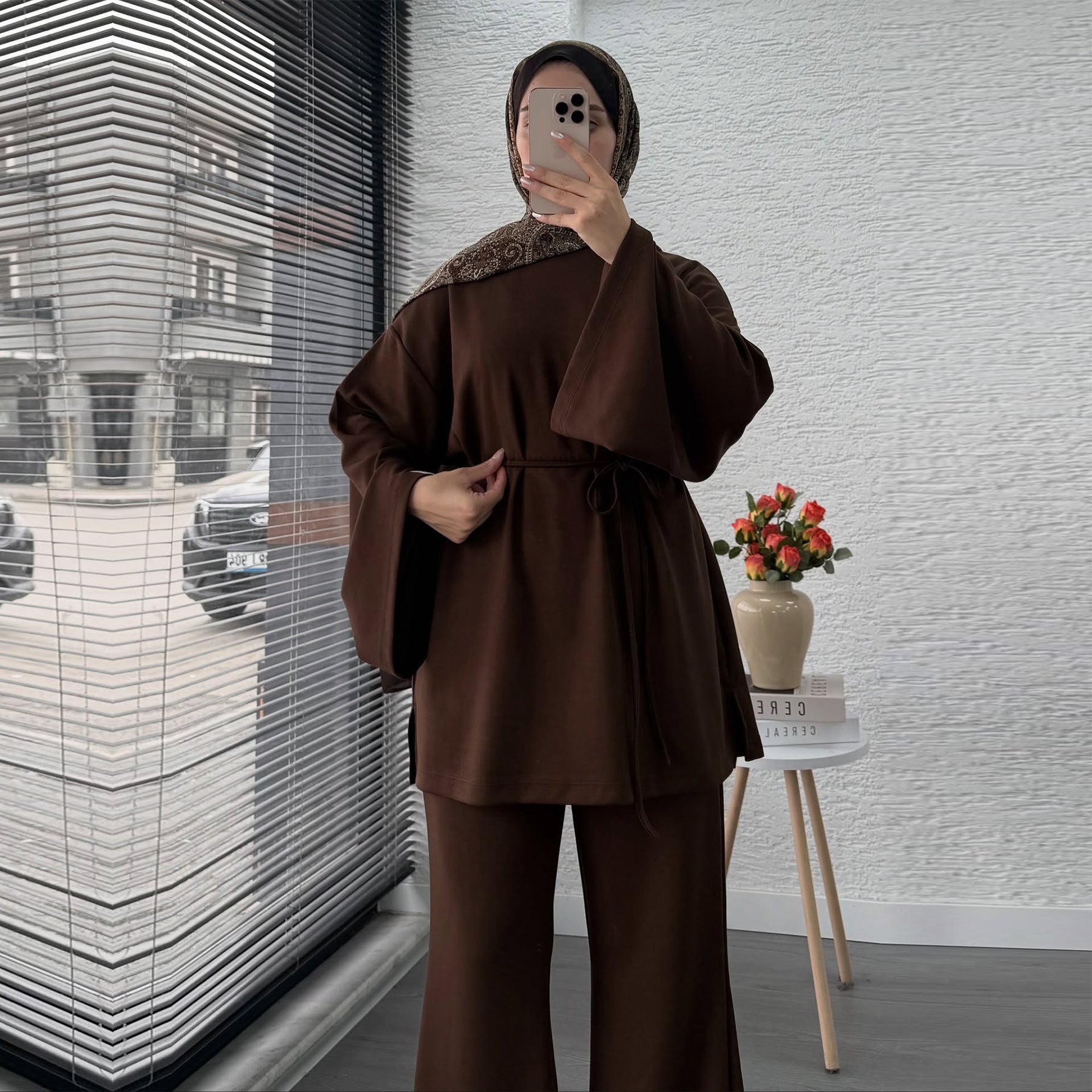 Cotton Two-Piece Set | Belted Tunic Top & Pants(MS279)