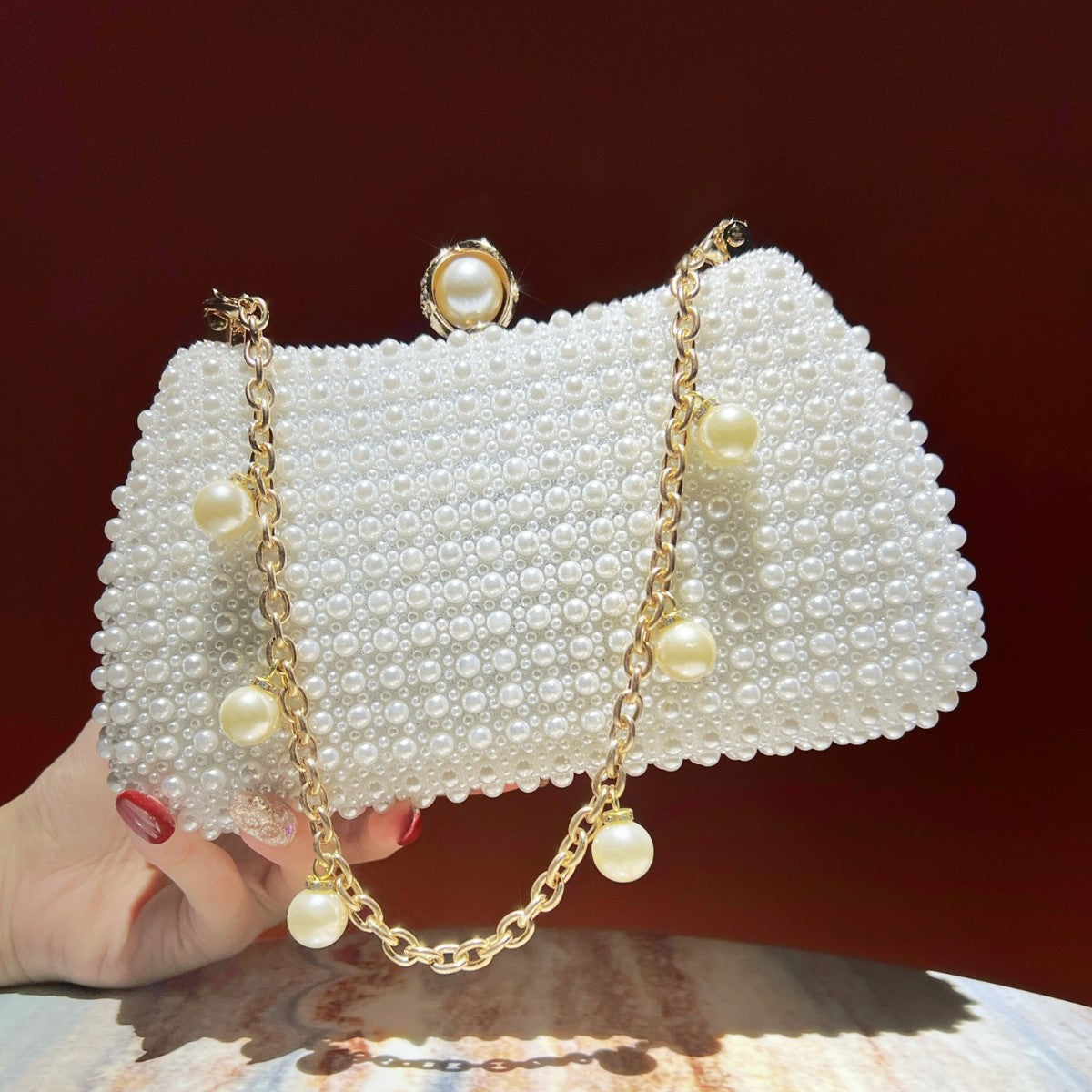 Chic Faux Pearl Evening Clutch Bag - Pearl Chain Strap Top-Handle Purse & Shoulder Crossbody for Parties & Weddings(MAC493)