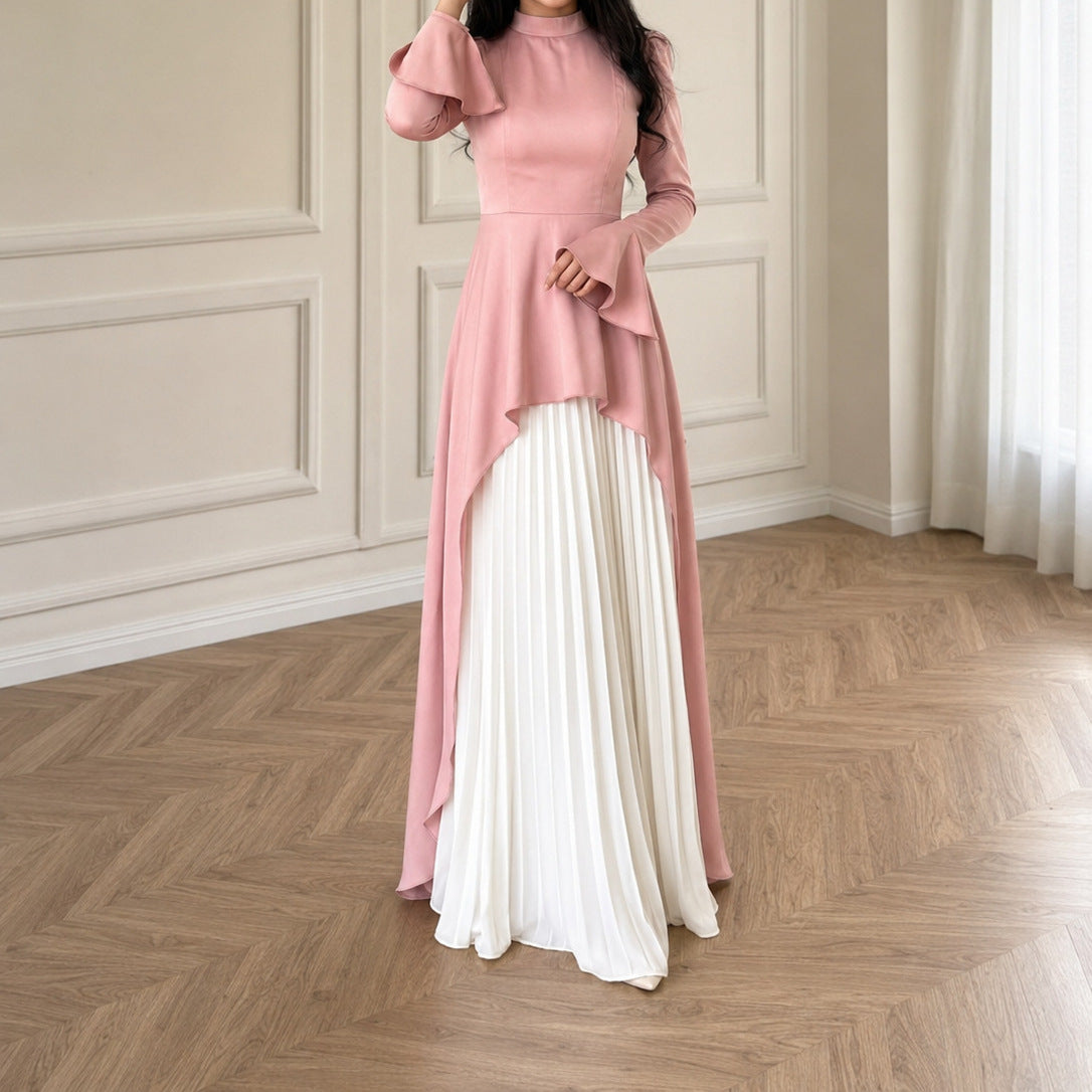 Pink & Ivory Peplum Pleated Maxi Dress(MS512)
