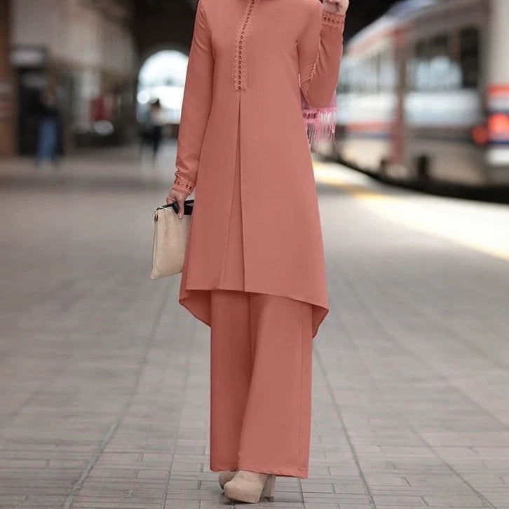 Lace-Trim Long Tunic & Wide-Leg Pants Set(MS540)
