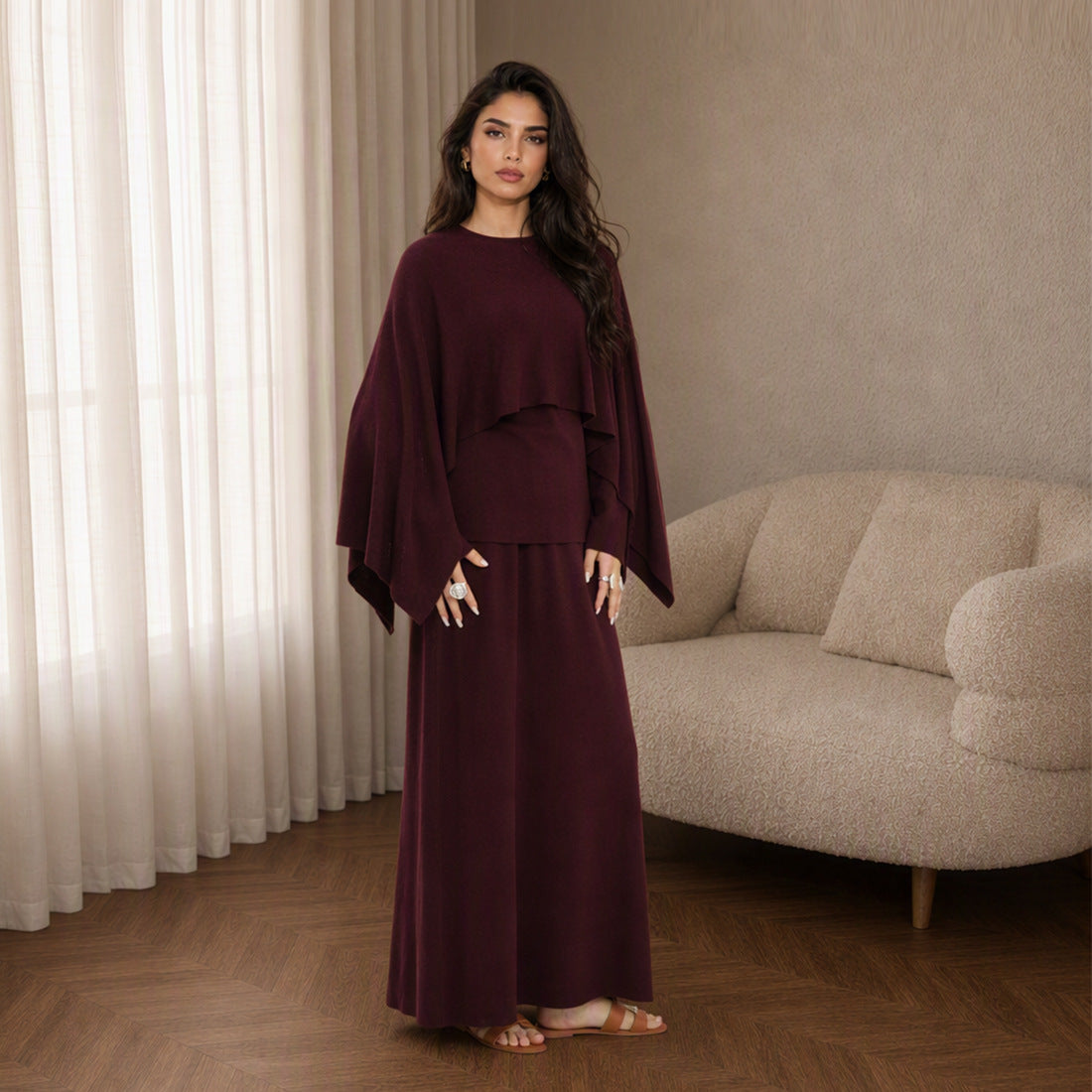 Modest Cape Knit Top & Maxi Skirt Set(MS537)