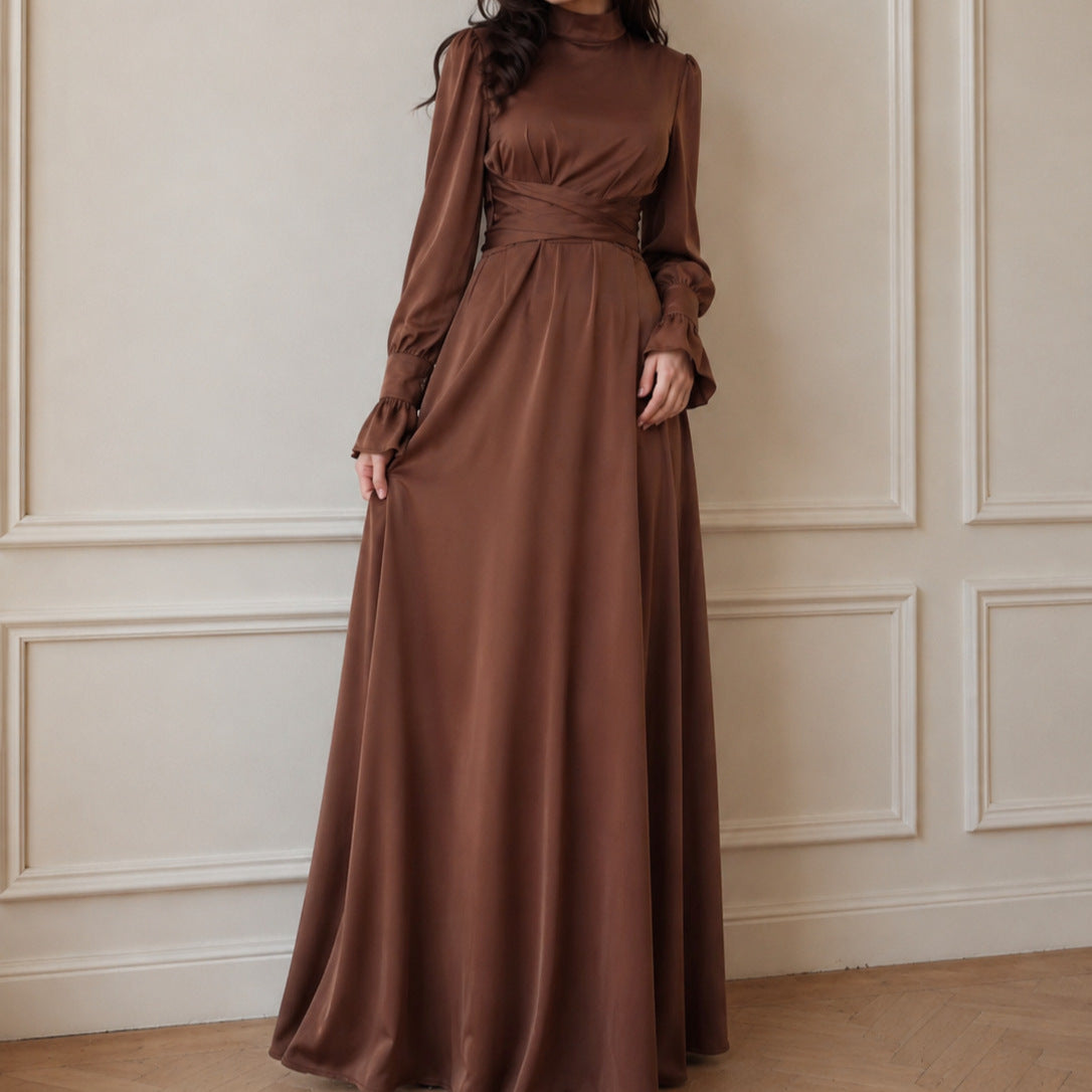Satin Cross-Wrap Waist Maxi Dress(MS506)
