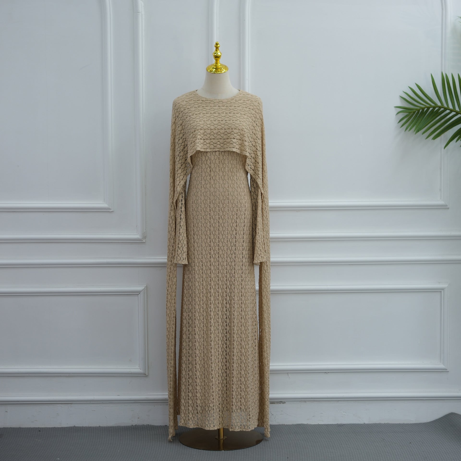 Textured Floral Lace Cape-Sleeve Lined Maxi Dress(MS519)