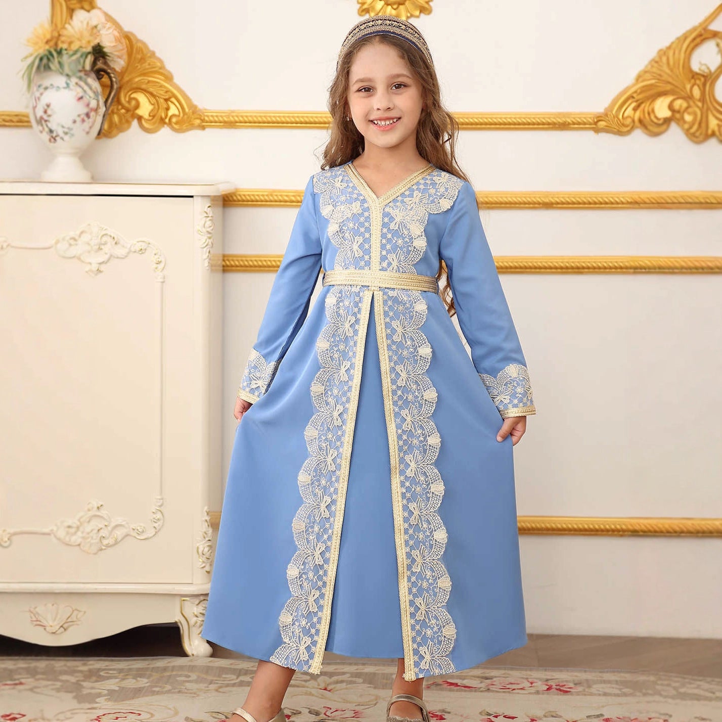 Girls Lace Trim Kaftan Dress | Elegant Kids Formal Abaya(MKG018)