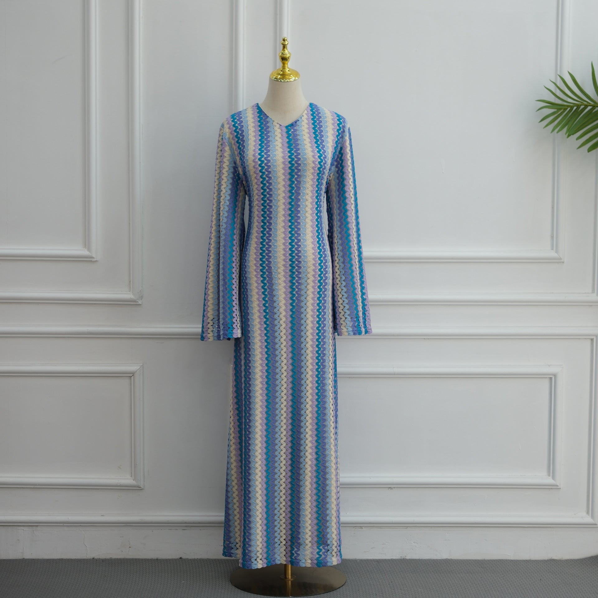 Rainbow Jacquard Flared-Sleeve Maxi Dress(MS486)