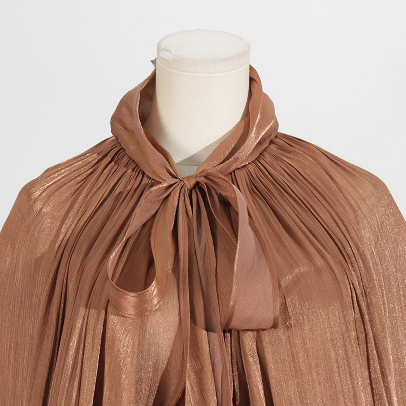 Balloon Sleeve Tie-Neck Maxi Dress(MS303)