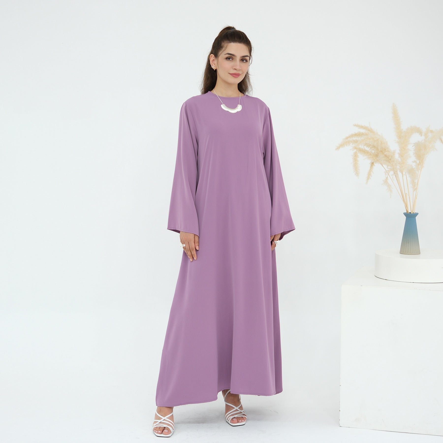 Solid Color Nida Abaya with Belt | A-Line Maxi Dress(MA359)