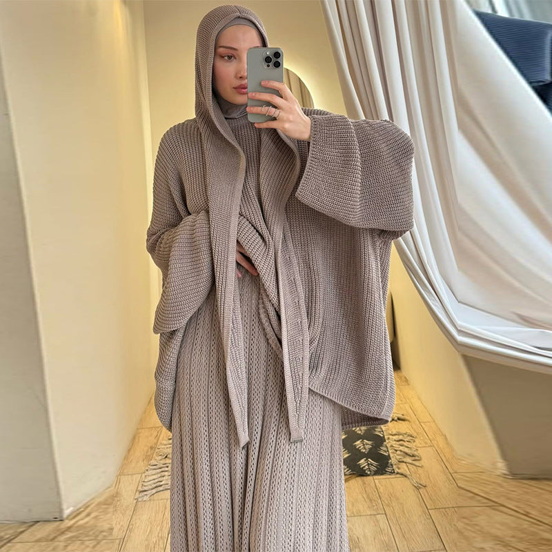 Relaxed Knit Top, Maxi Skirt & Triangle Scarf Set(MS545)