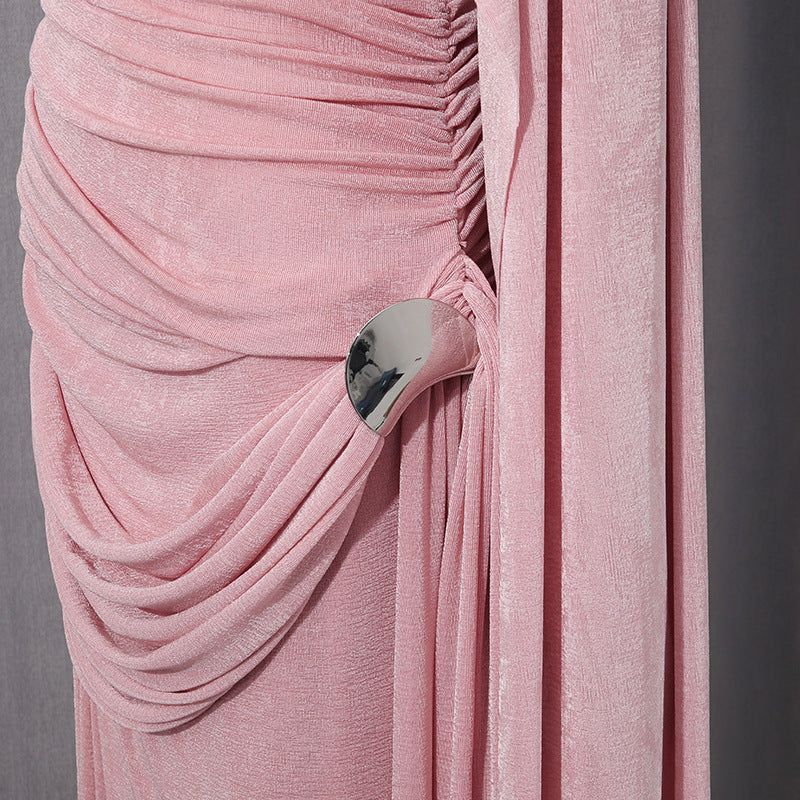 Diagonal Ruched Cape Gown | Asymmetric Draped Long Sleeve Maxi Dress(MS222)