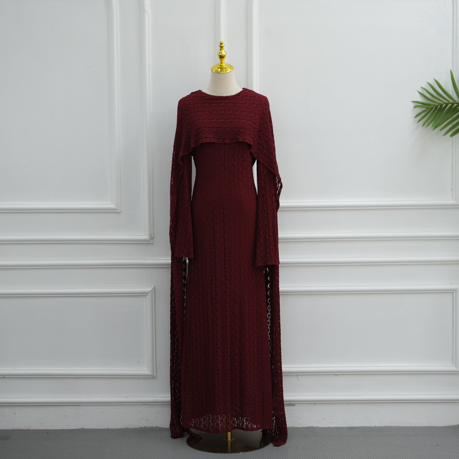 Textured Floral Lace Cape-Sleeve Lined Maxi Dress(MS519)