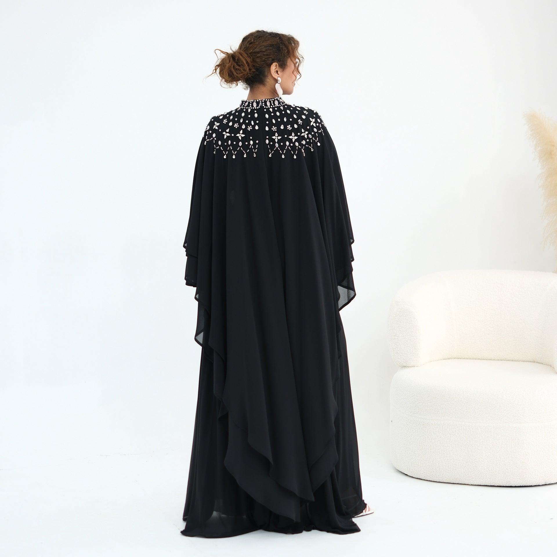 Crystal Embellished Cape Sleeve Chiffon Maxi Dress Set(MS461)