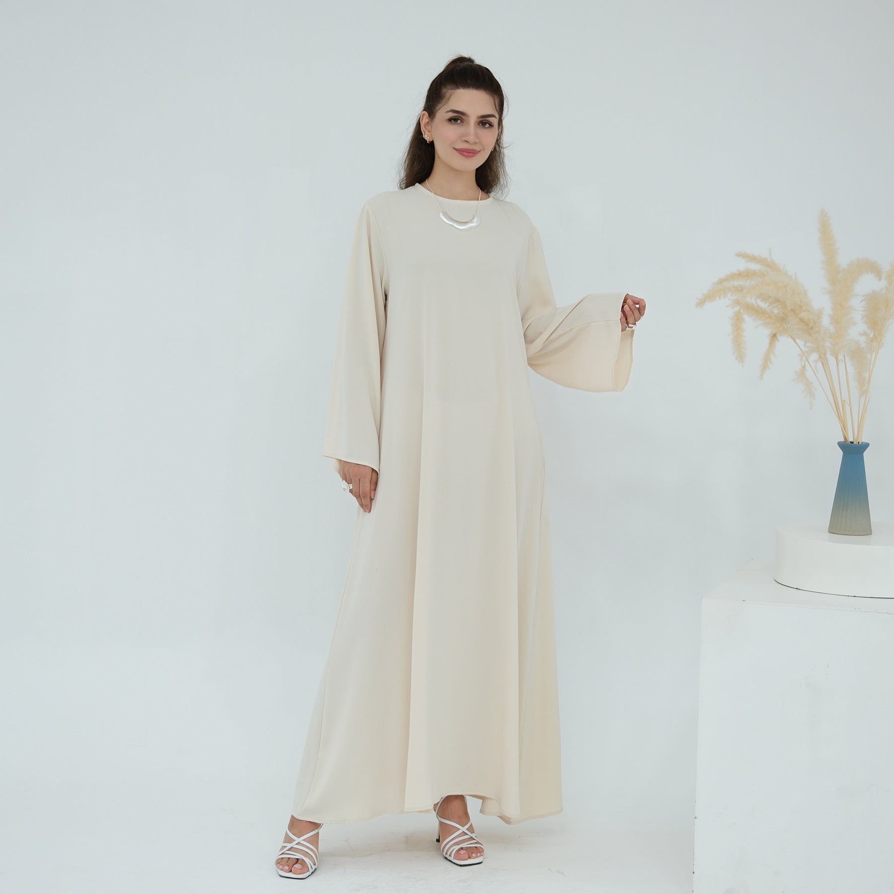 Solid Color Nida Abaya with Belt | A-Line Maxi Dress(MA359)